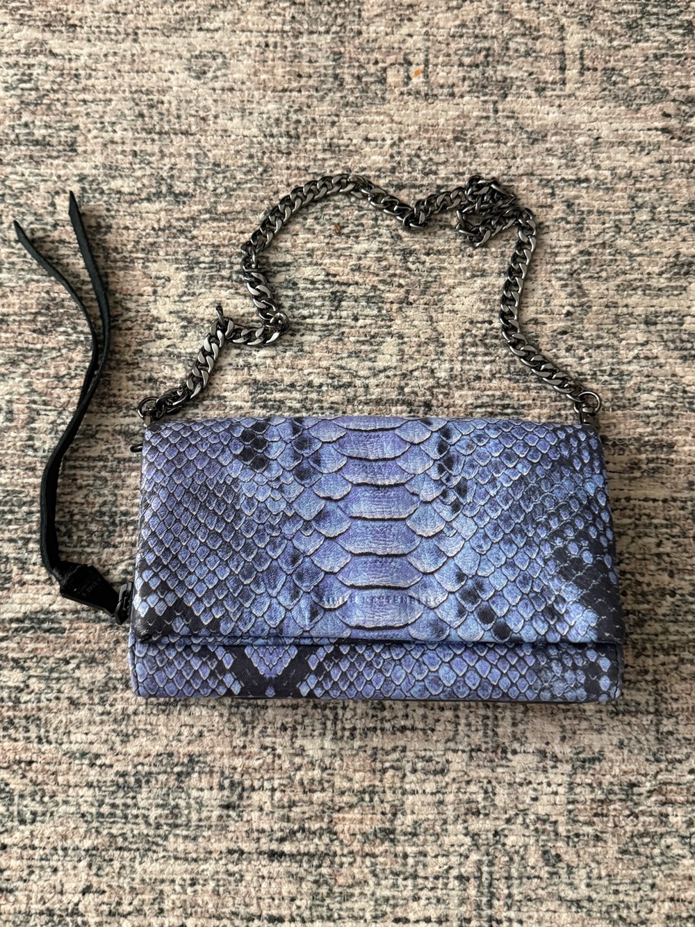 Aimee Kestenberg Blue Snake Pattern Crossbody Bag with Gunmetal Chain